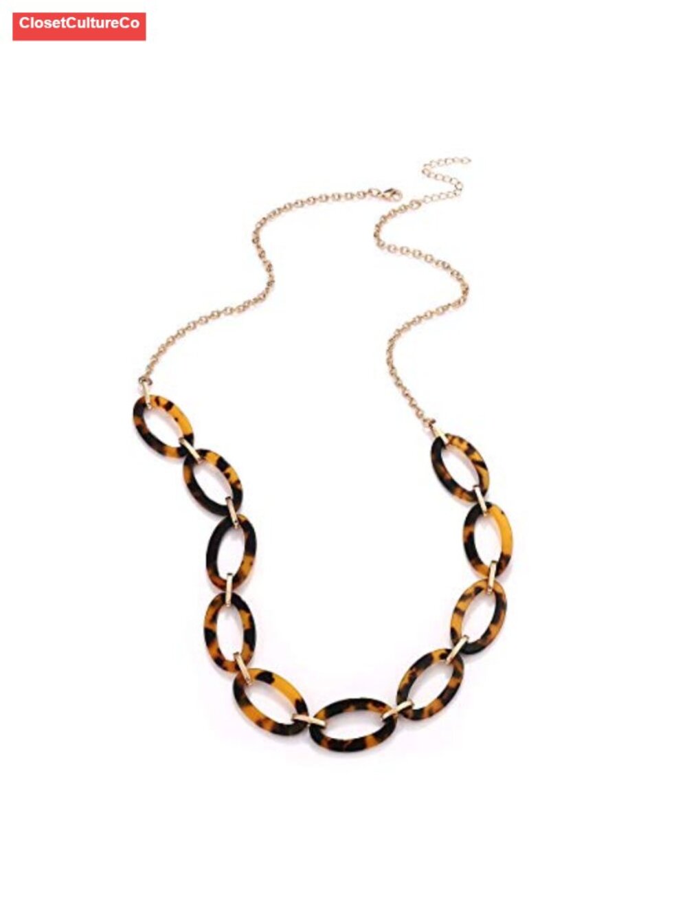 Tortoise Acrylic Link Necklace Leopard Print Metal Oval Resin Chain Collar
